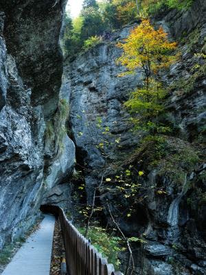 Ein Wanderweg führt durch die Taminaschlucht entlang steiniger Felsen.