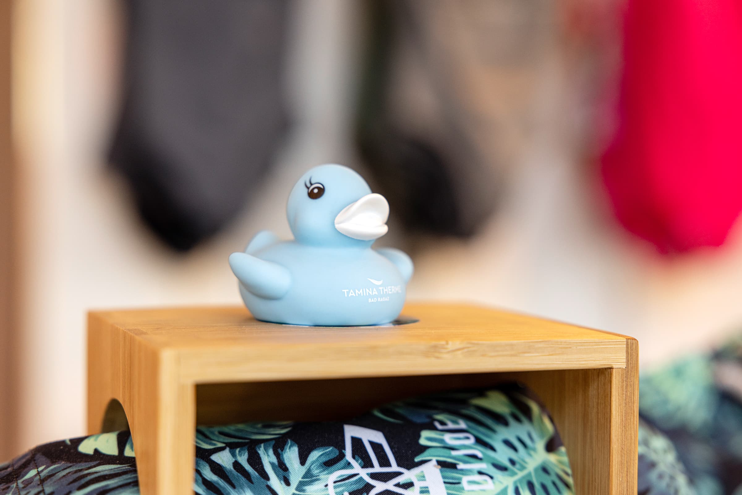 Detailaufnahme einer hellblauen Bade-Ente stehend auf einem Holzregal.