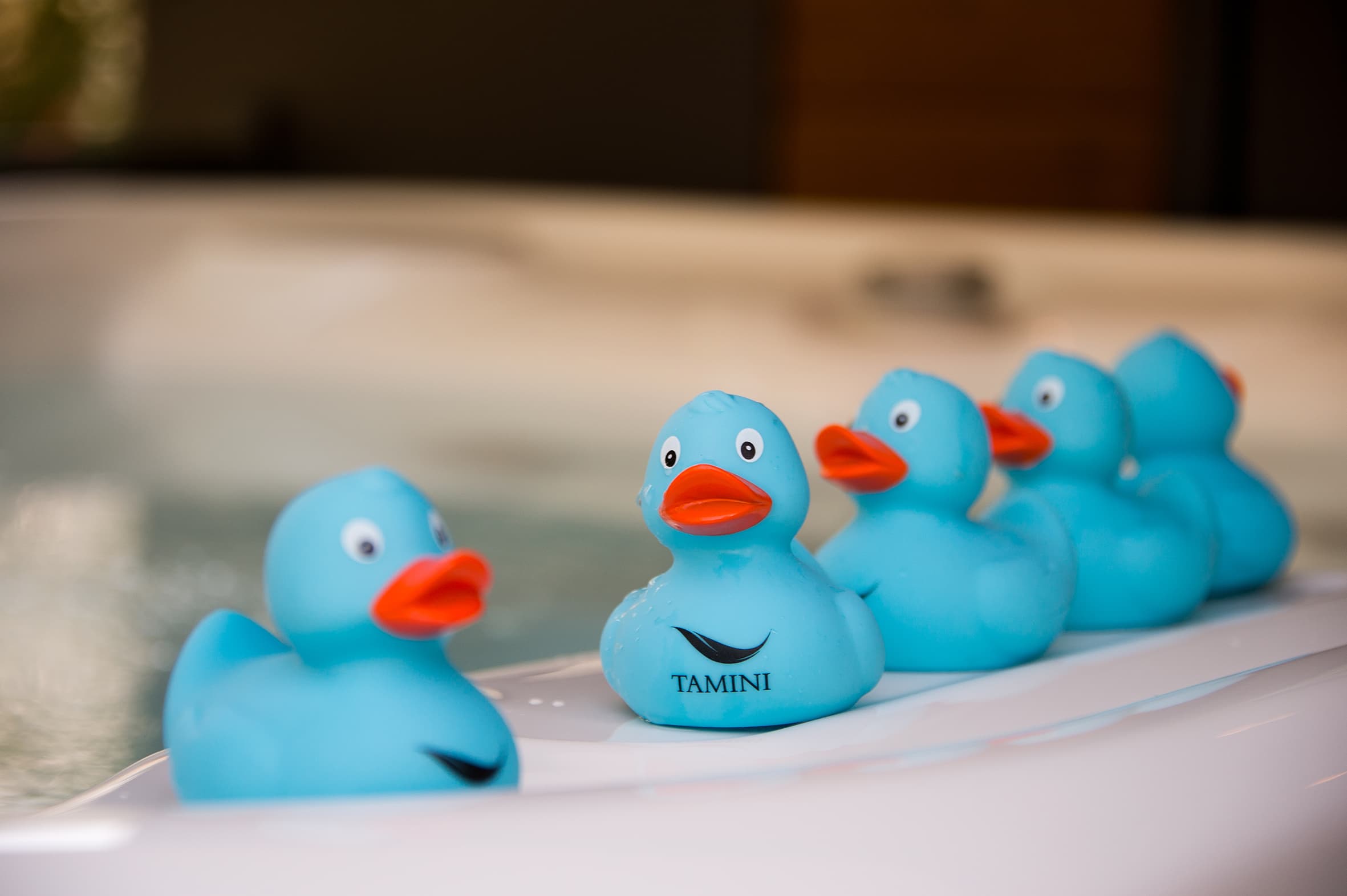 Blick auf mehrere kleine blaufarbene Quietsche-Enten mit der Aufschrift "Tamini".