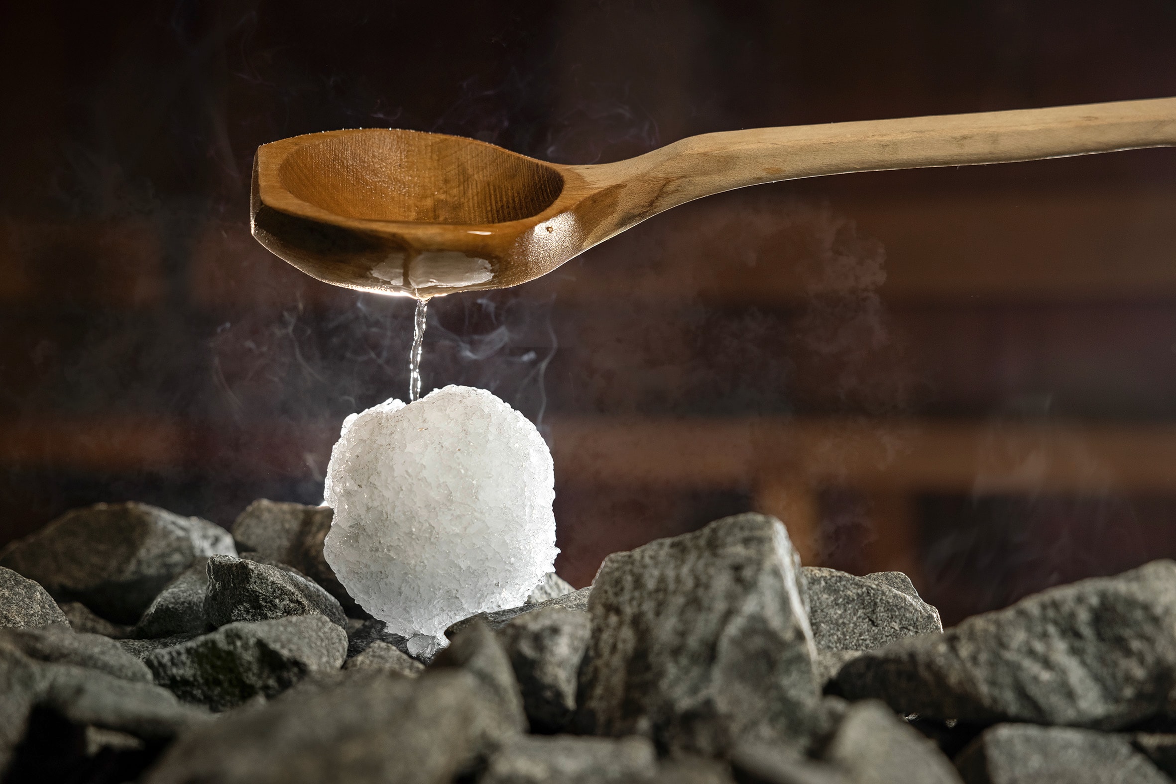Nahaufnahme einer Sauna Kelle und einer Eiskugel in der besten Saunalandschaft der Schweiz.