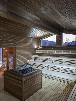 Blick in die Textil Sauna der Saunawelt der Tamina Therme in Bad Ragaz.
